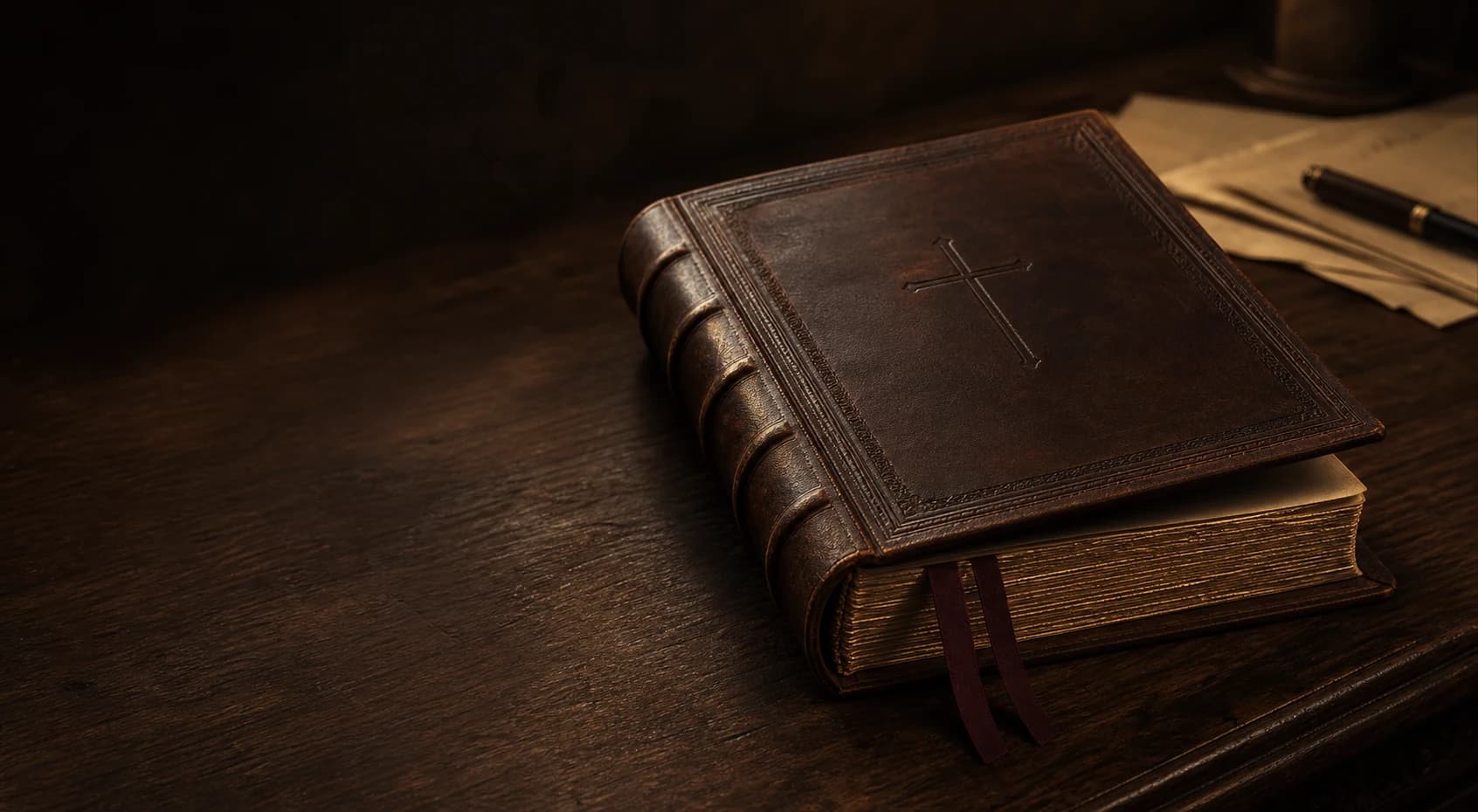 A leather-bound Bible resting on a walnut writing desk